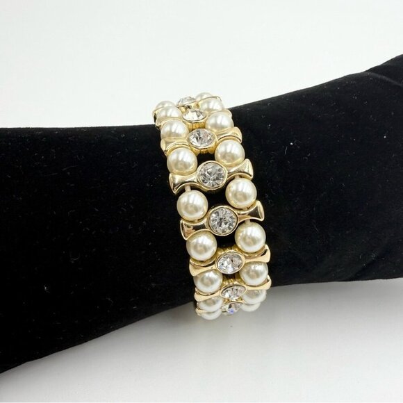 Monet Gold Tone Rhinestones Faux Pearl Stretch Bracelet - Picture 8 of 8